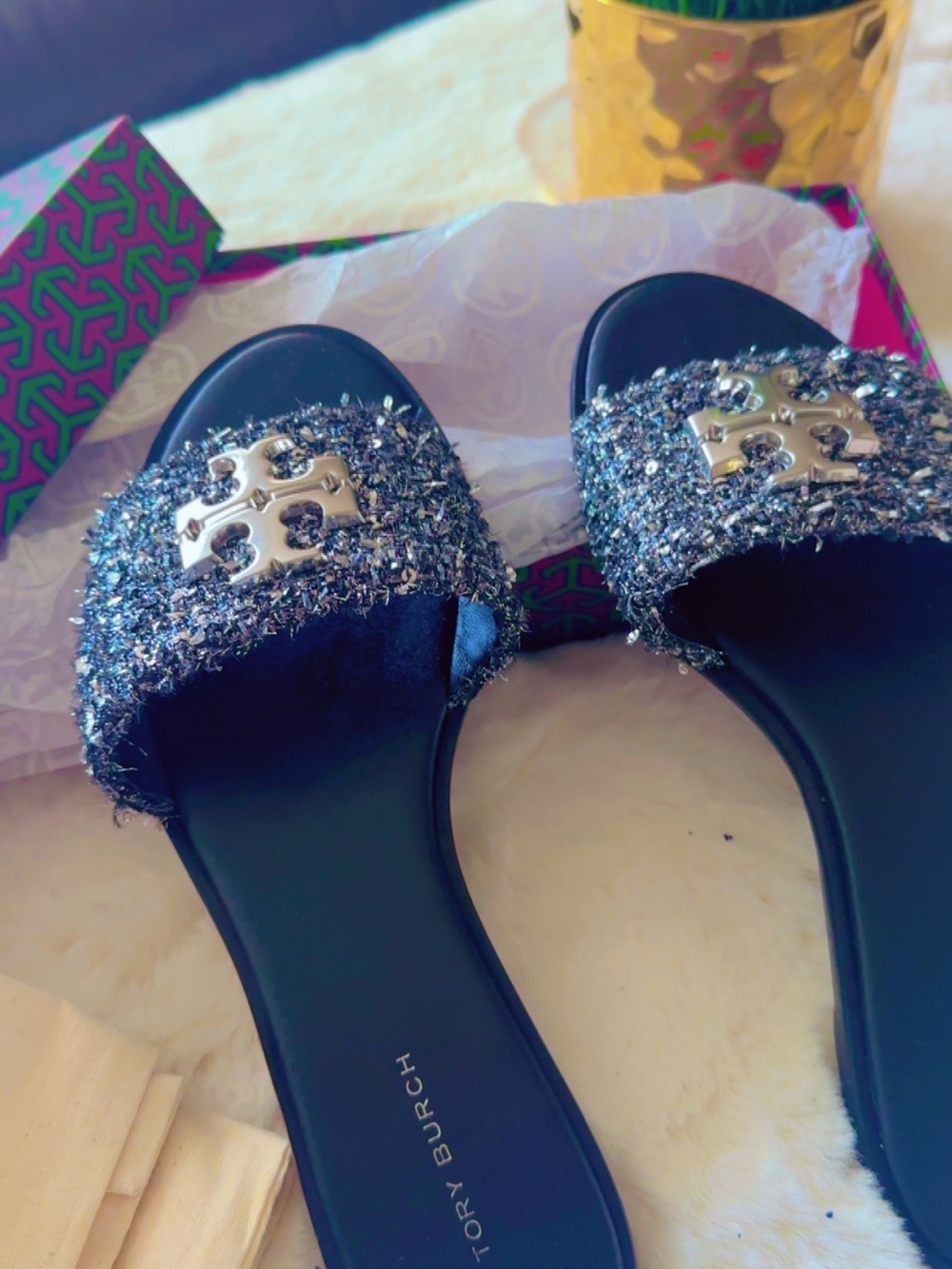 Tory Burch Black Tweed Logo Slide Sandals with Silver Emblem - Picture 2 of 5